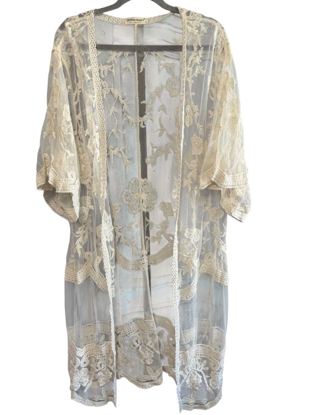 ✨ LIKE NEW ✨ Anna-Kaci Ivory Embroidered Floral Mesh Kimono Cardigan Duster OS